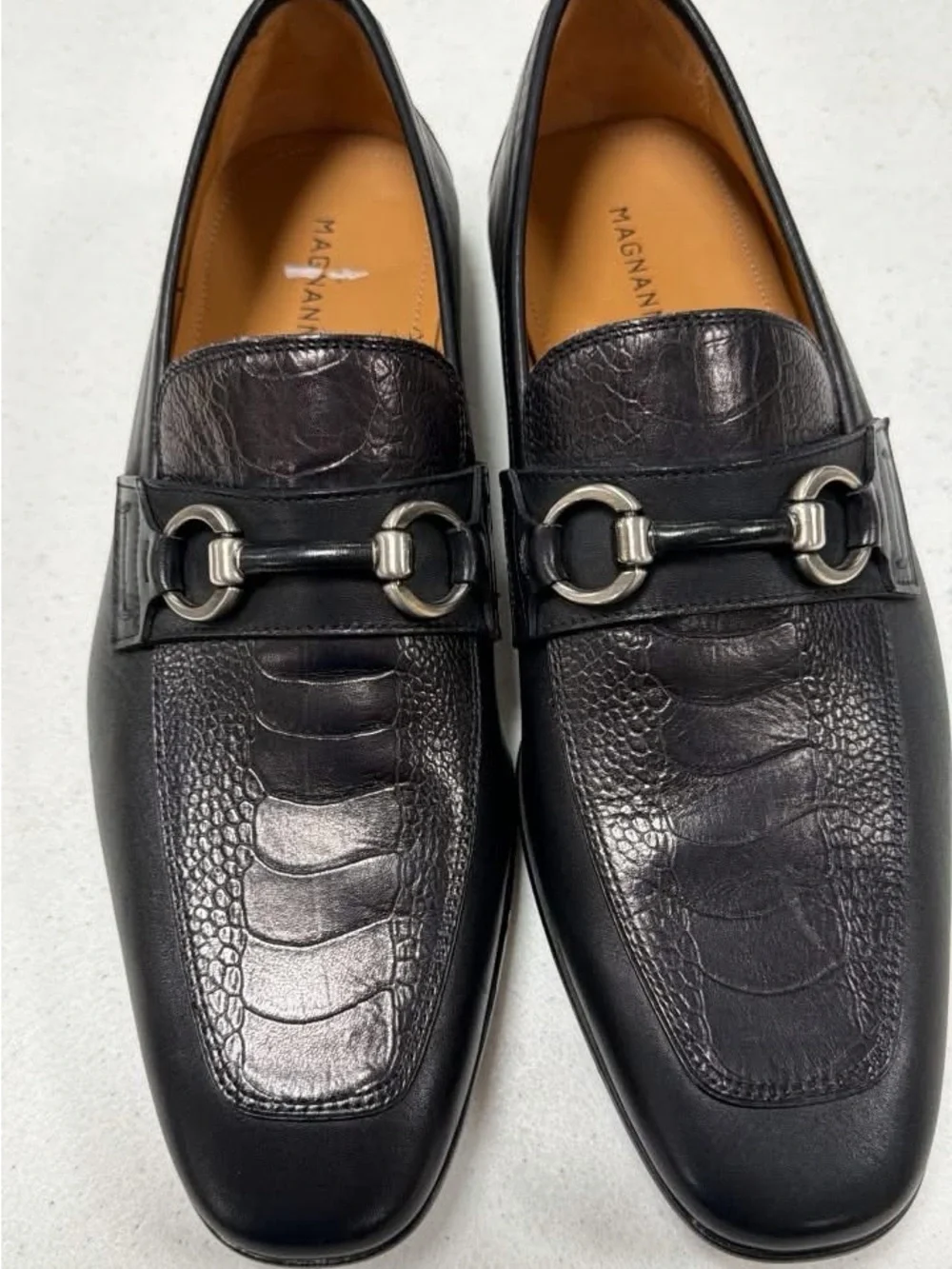 Magnanni Black Croc-Embossed Leather Bit Loafers